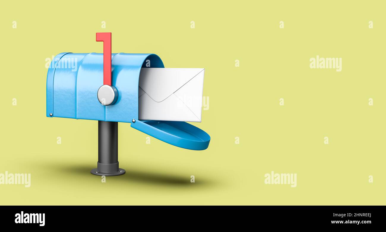 Blue Mailbox with Envelop on Yellow Background with Copy Space 3D