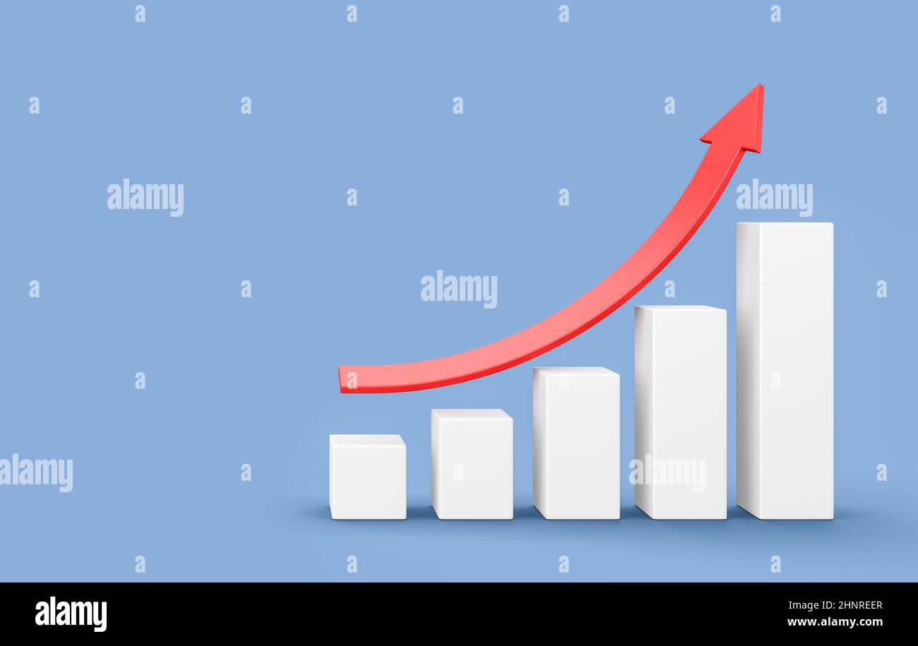 Growing White Bar Chart with Rising Red Arrow on Blue Background with ...