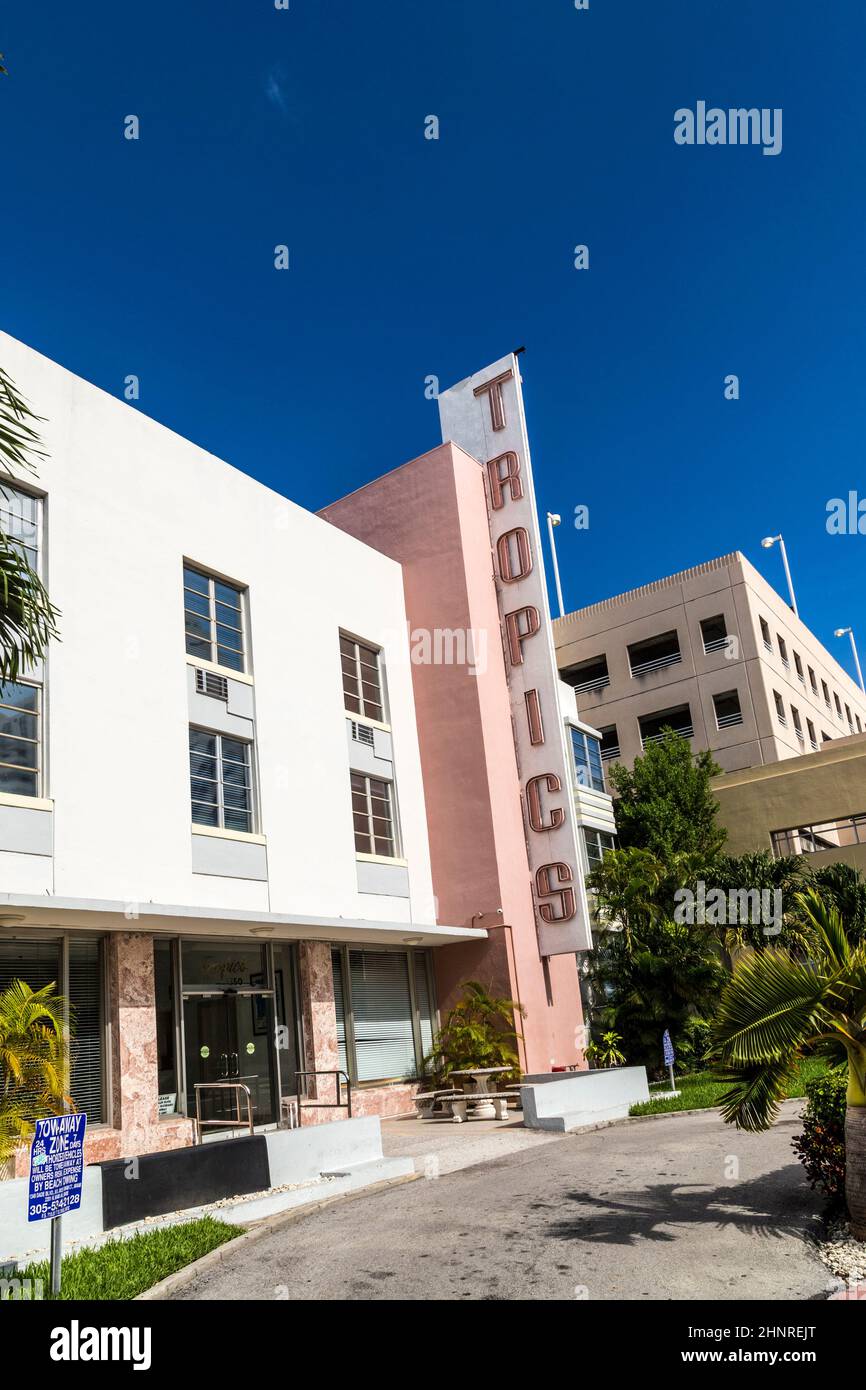 facade of the Tropics, an old art deco hotel Stock Photo