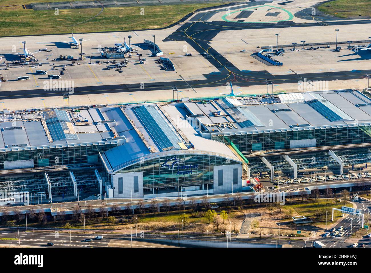 aerial view to the modern Terminal 2 in Frankfurt, Germany Stock Photo