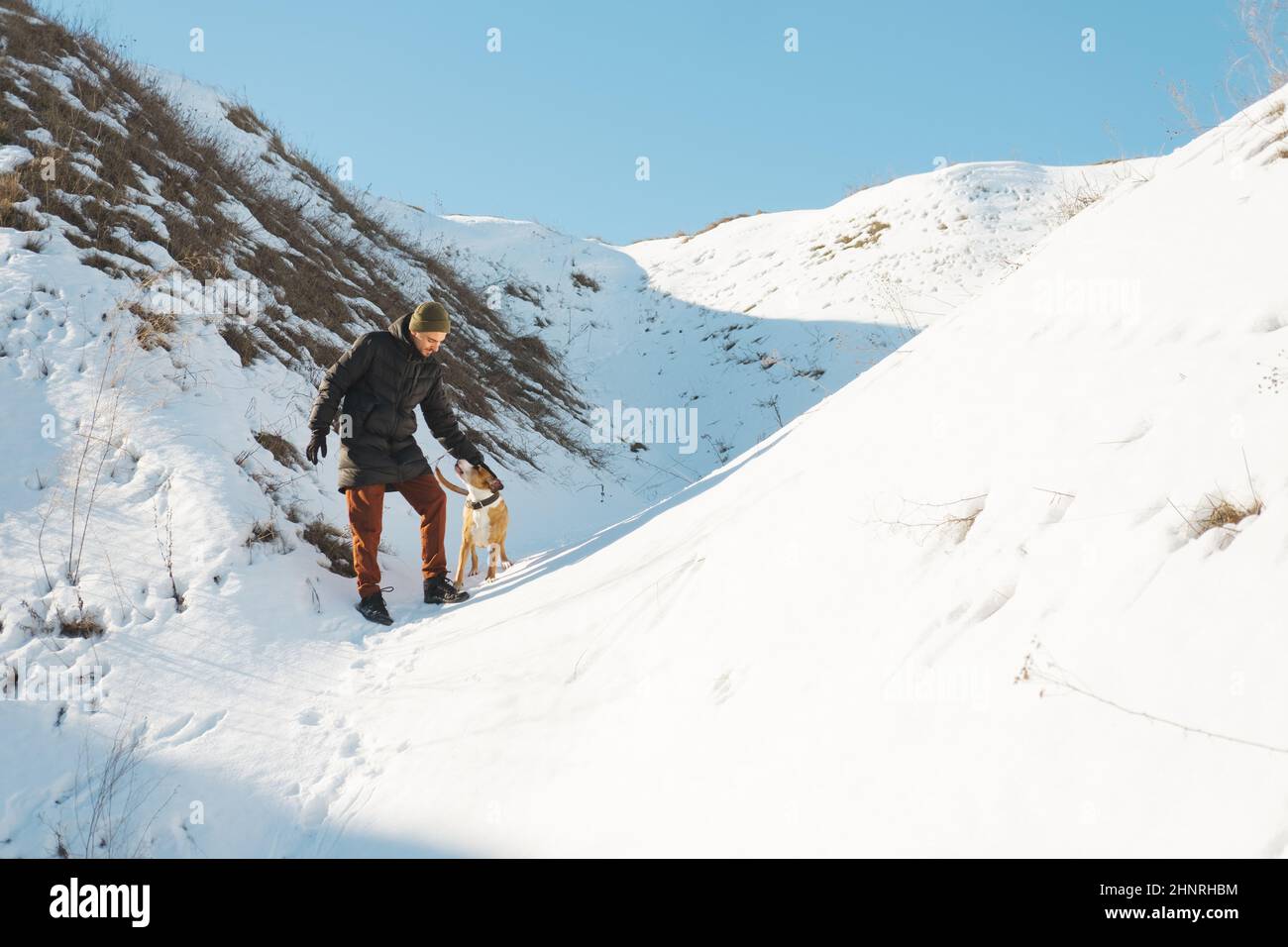 Happy man petting his dog in snowy and sunny nature. Winter scen Stock Photo