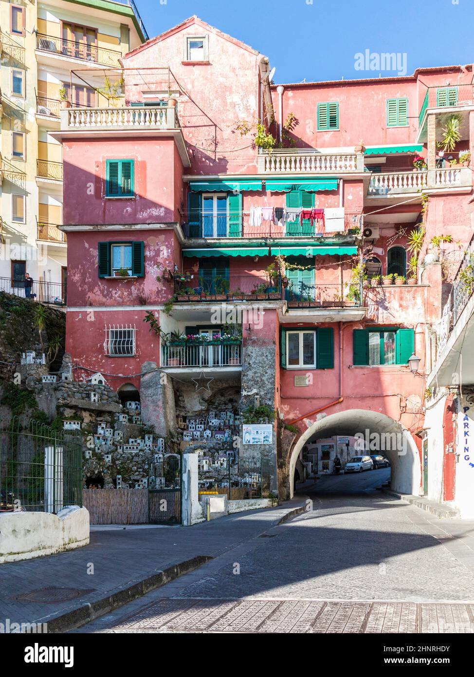 old houses in  Amalfi with large crip and religious crib figurine Stock Photo