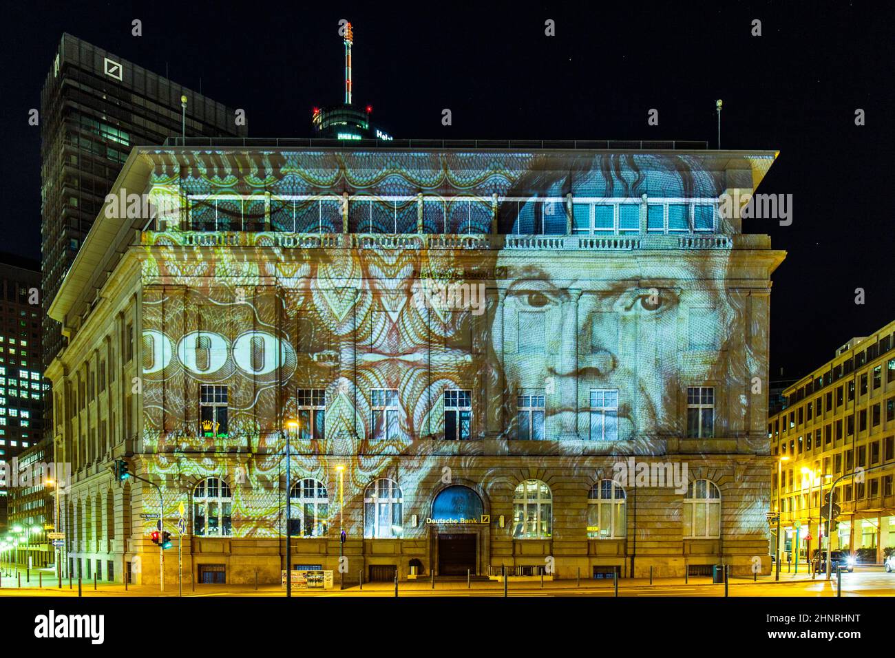 Illuminated buildings and skyline at night during Luminale  in Frankfurt Stock Photo