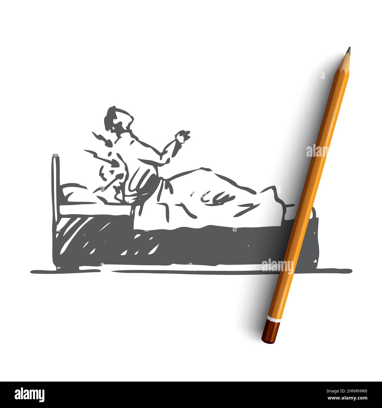 Posture, bad, spine, bed, health concept. Hand drawn man with backache