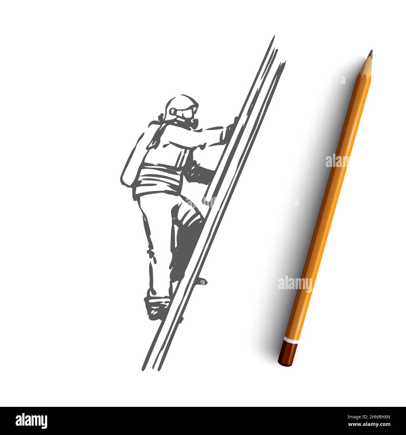 Firefighter, fire, rescue, danger, stairs concept. Hand drawn ...