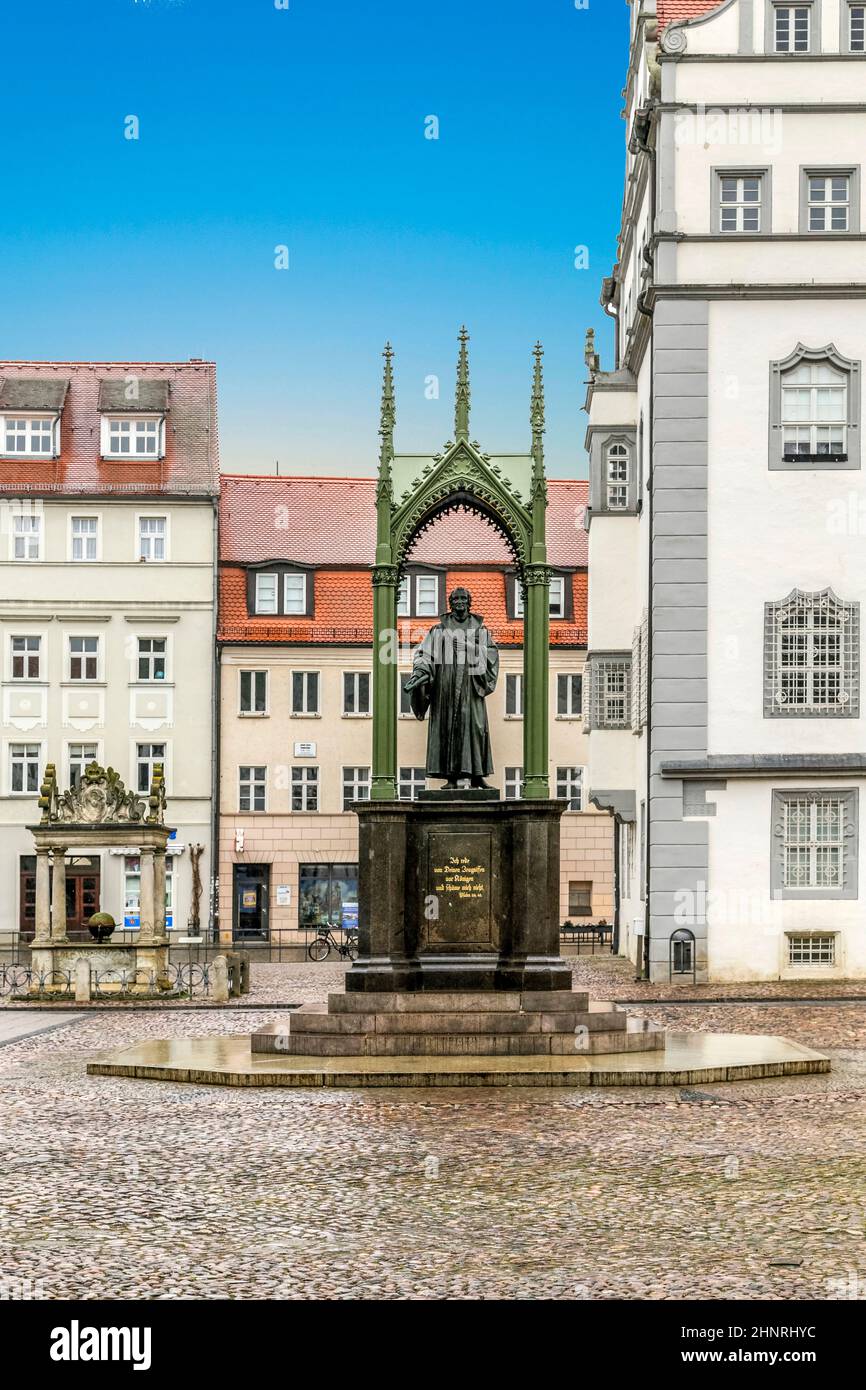 Main Square of Luther City Wittenberg with his statue Stock Photo