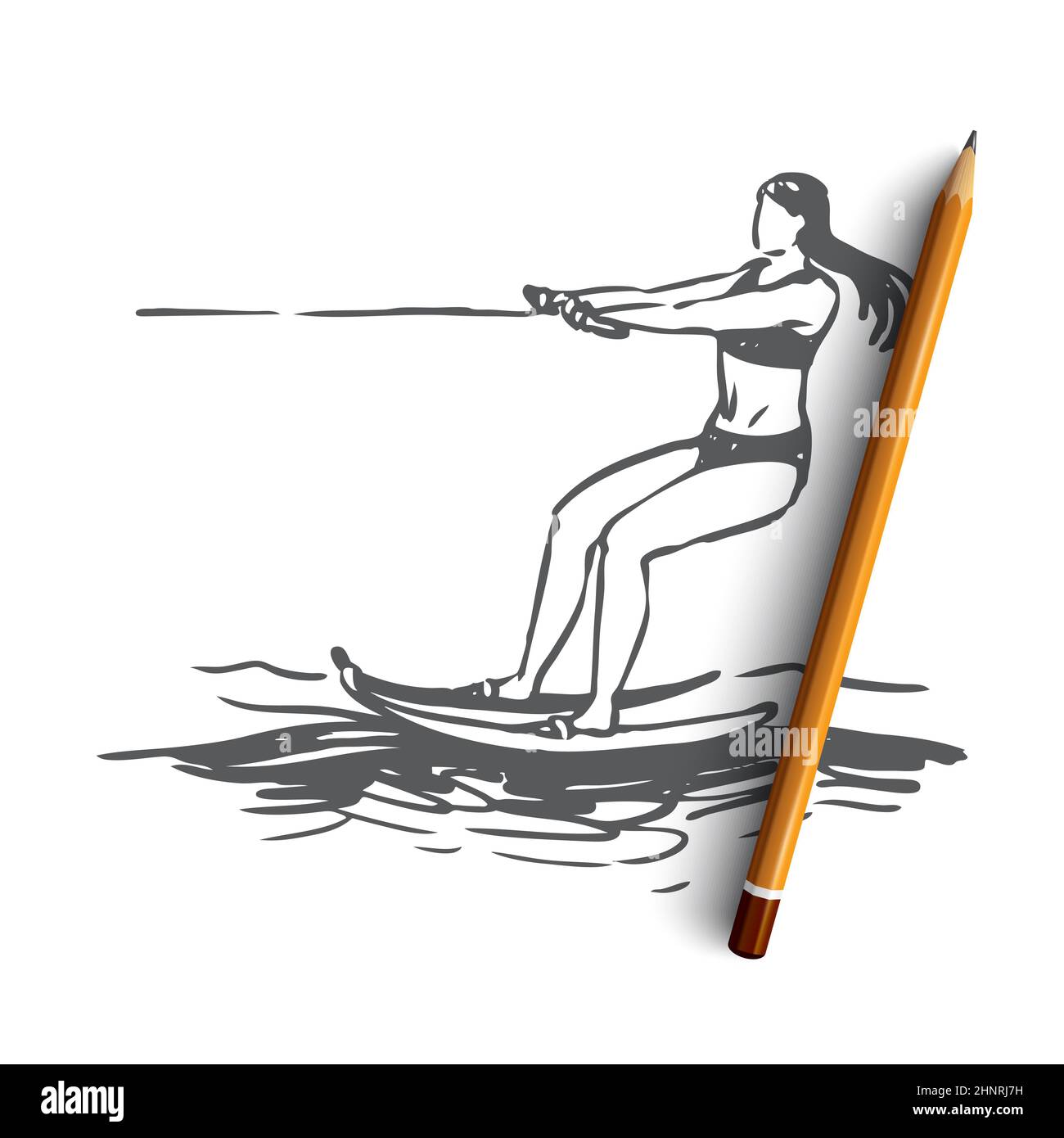 Water Skiing Sea Summer Water Activity Concept Hand Drawn Summer Sport Water Skiing Concept Sketch Isolated Vector Illustration 2HNRJ7H 