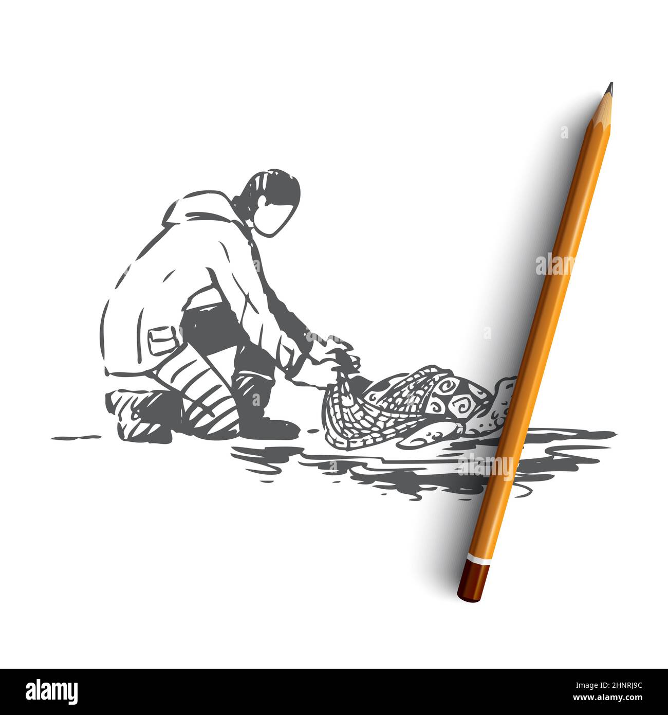 Animal, ocean, turtle, eco, help concept. Hand drawn man save turtle from net concept sketch. Isolated vector illustration. Stock Photo