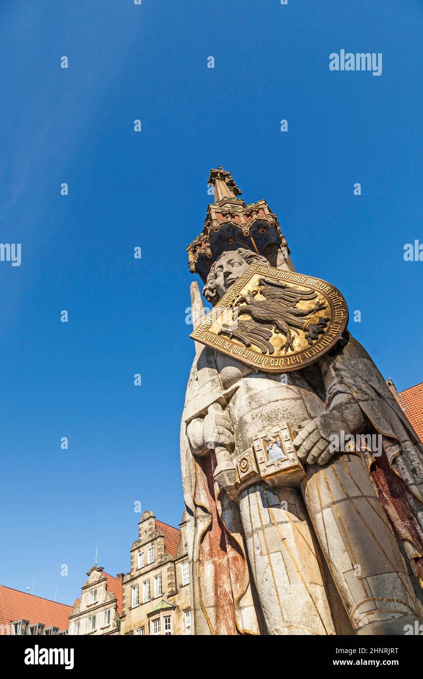 famous Roland statue at market place in Bremen Stock Photo