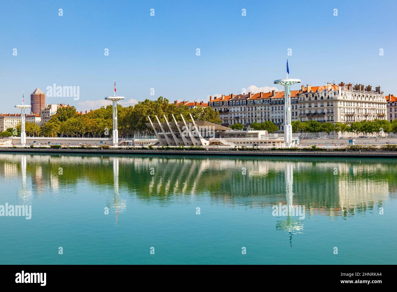 River Rhone in France with view  to centre Nautique and old town Stock Photo