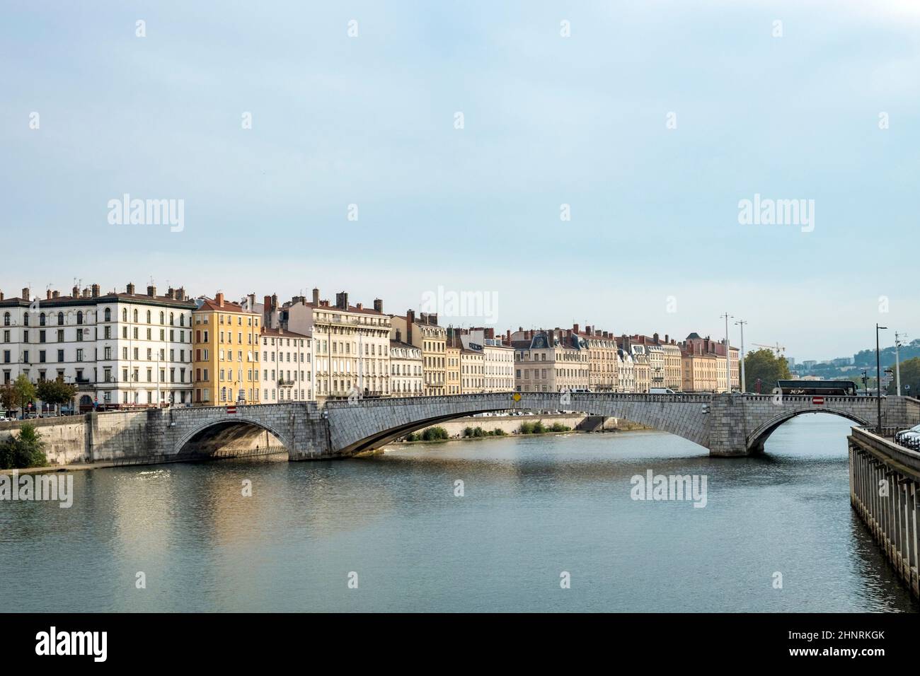 view to Rriver rhone and skyline of Lyon, France Stock Photo