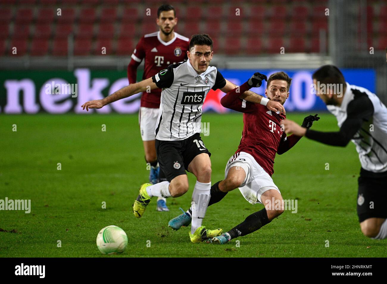 Prague, Czech Republic. 14th Apr, 2019. L-R Simon Deli (Slavia) and  Benjamin Tetteh (Sparta) are seen during the Czech first soccer league  (Fortuna Liga), 28th round, match SK Slavia Praha vs AC