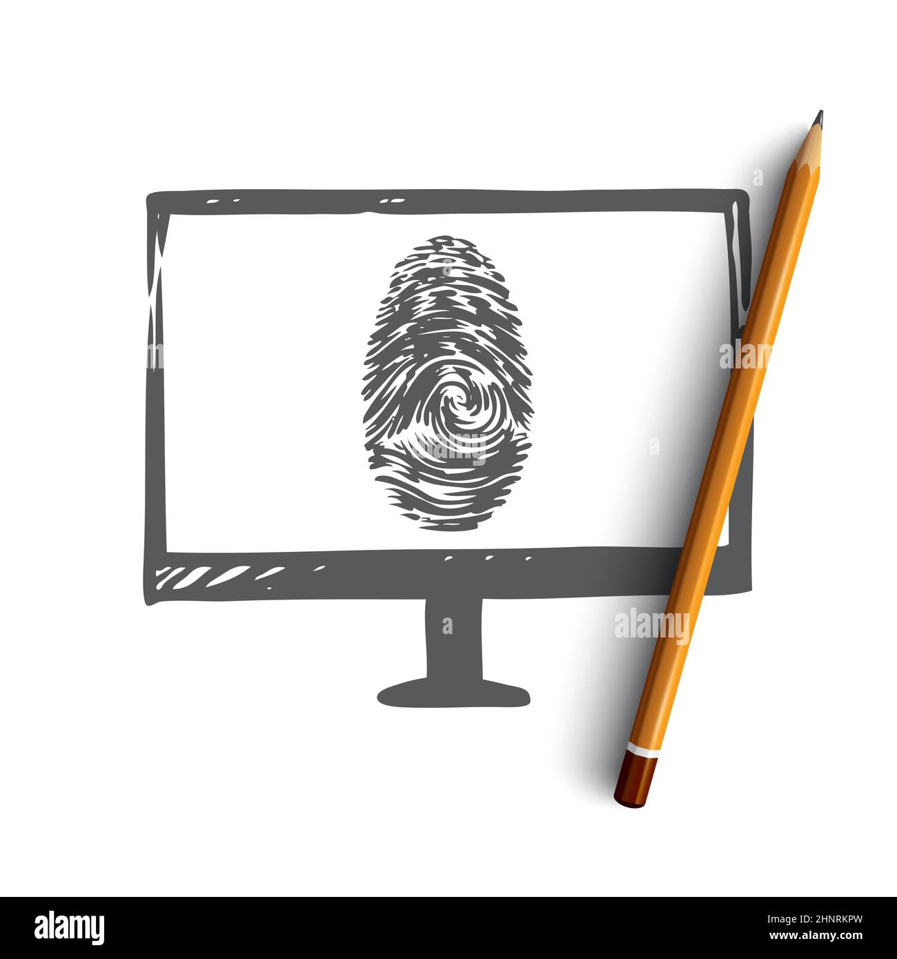 Fingerprints, computer, protection, security, data concept. Hand drawn human fingerprint on screen concept sketch. Isolated vector illustration. Stock Photo