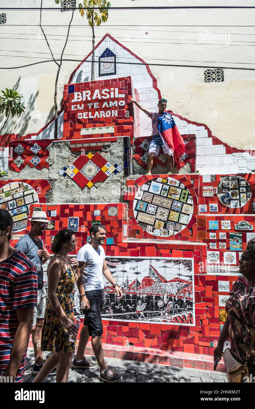 people at the Selaron area connecting Lapa and Santa Teresa  in Rio Stock Photo