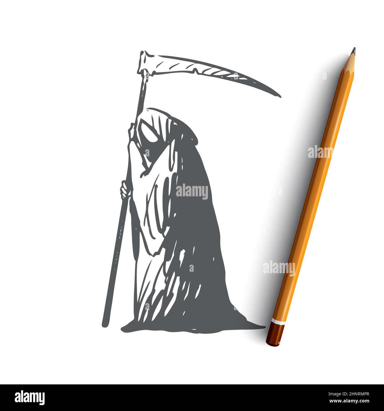 Death, costume, carnival, monster, spooky concept. Hand drawn person in dress of death concept sketch. Isolated vector illustration. Stock Photo