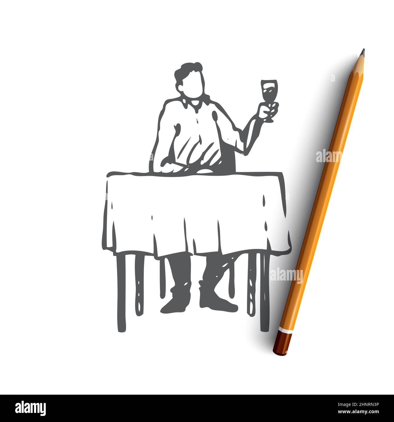 Man Restaurant Table Wine Glass Concept Hand Drawn Man Sitting In Cafe Concept Sketch 0415