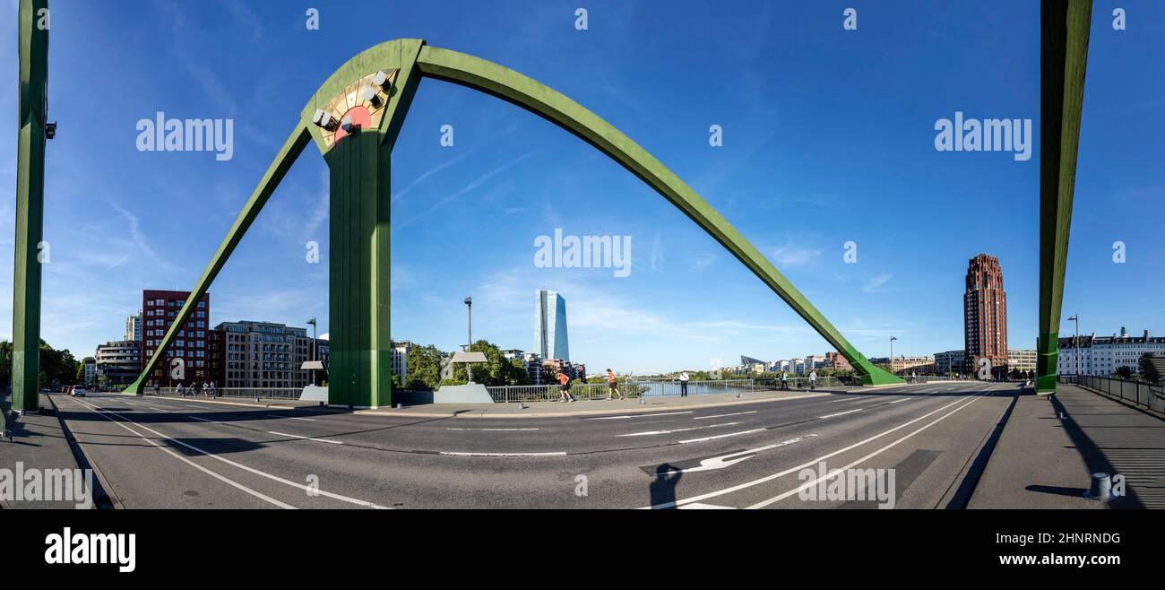 panorama of new headquarters of the European Central Bank with river main, floesser bridge and main plaza skyscraper Stock Photo