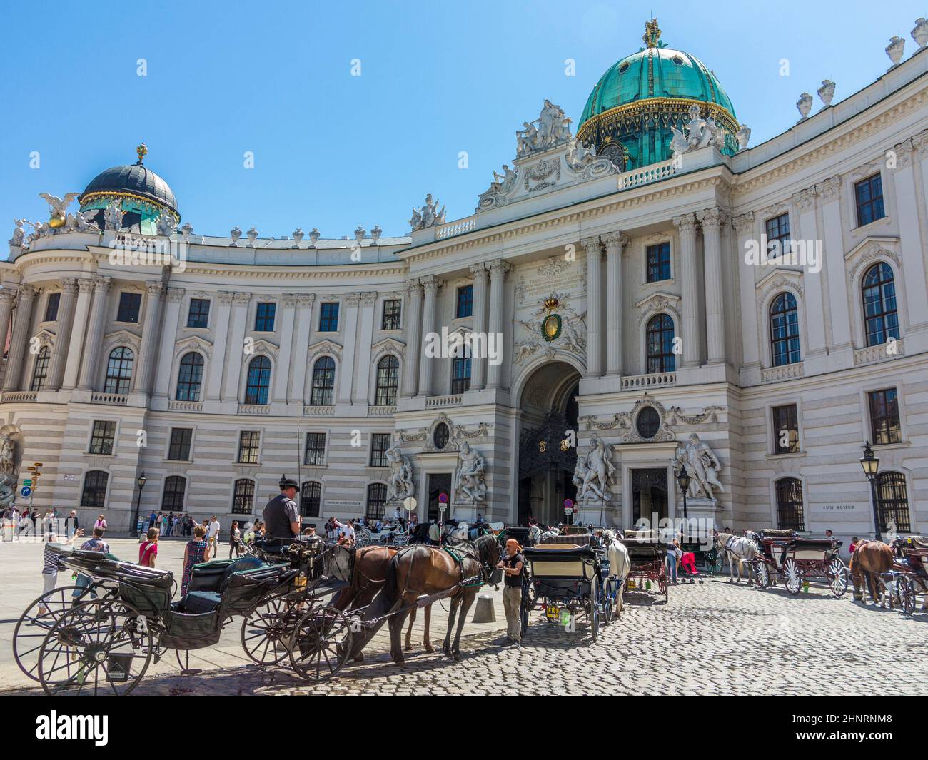 two  decorated horses, called Fiaker, waiting for tourists Stock Photo