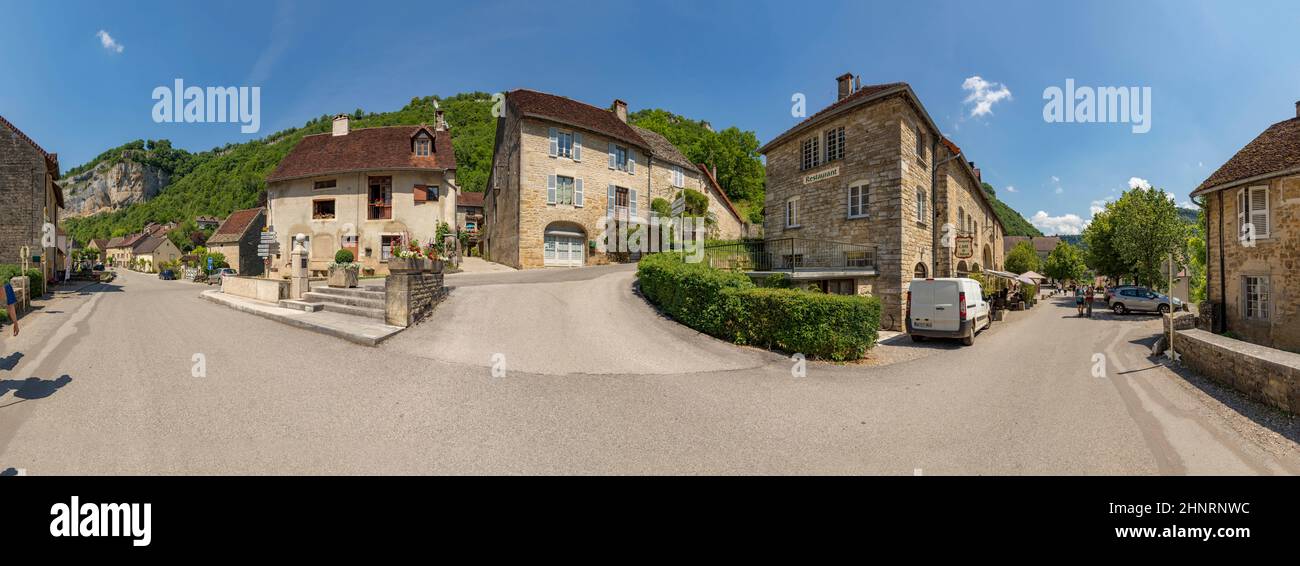 panoramic view of small village Baume les Messieurs Stock Photo