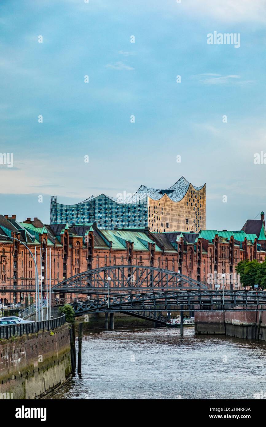 historic Speicherstadt in Hamburg, an UNESCO world heritage site with Elb Philharmony Stock Photo