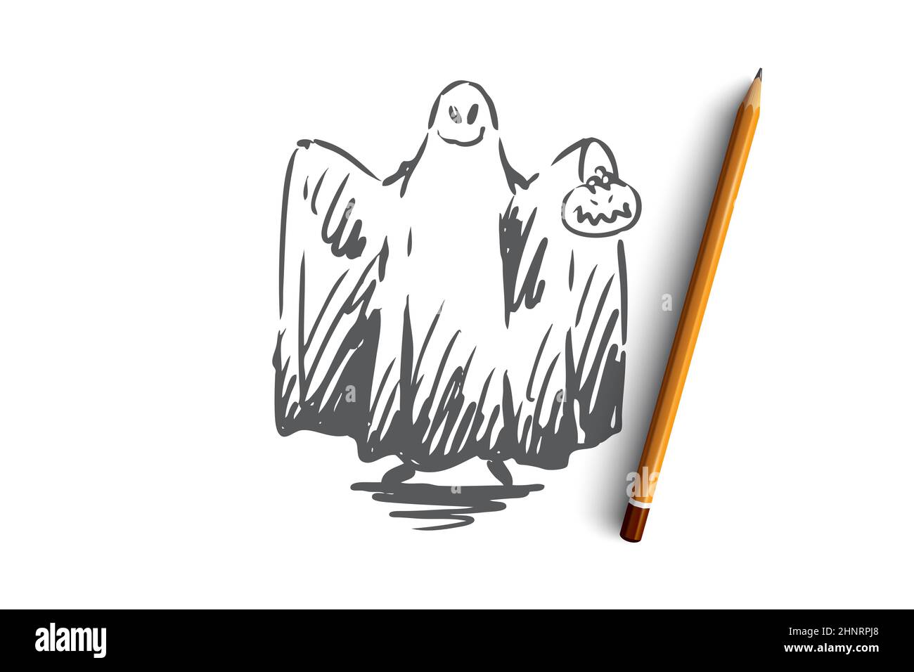 Halloween, ghost, scary, horror, fun concept. Hand drawn costume of
