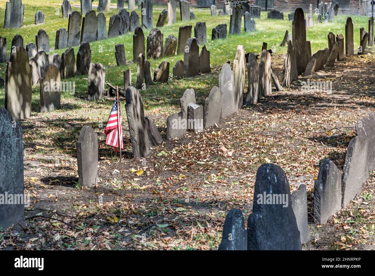 Rows of headstones under a tree at Granary Burial Ground. It became a cemetery in 1660 the third oldest in the town of Boston, Massachusetts Stock Photo