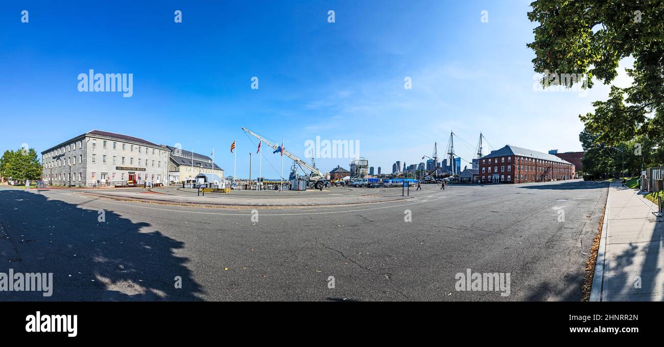 panorama of wharf and museum area of historic USS constitution Stock Photo