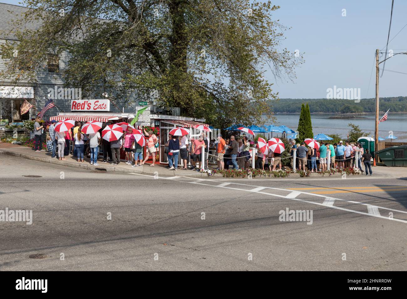 People lineup for lunch at World famous 'Reds Eats'' on Wiscasset, Maine Stock Photo