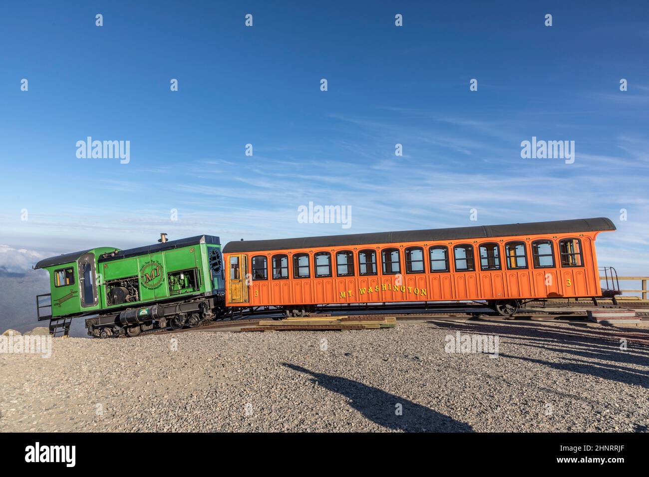 Mount Washington Cog Railroad at the top of Mount Washington Stock Photo