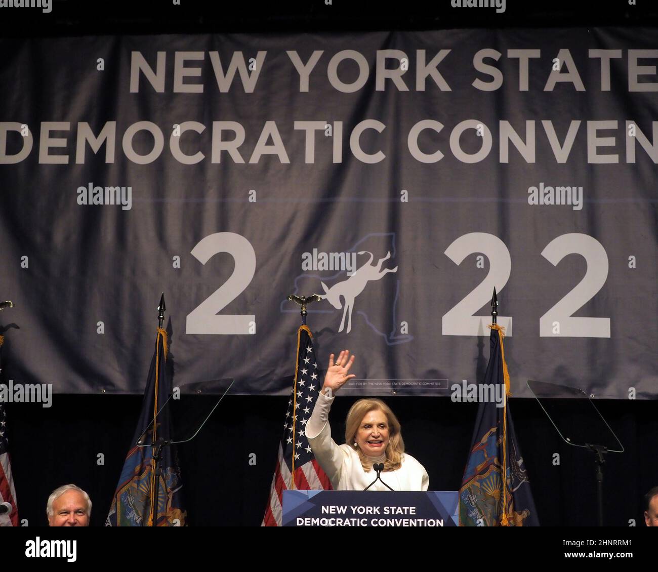 New York, USA. 17th Feb, 2022. Sen. Kirsten Gillibrand, D-N.Y., speaks during the 2022 New York State Democratic Convention at the Sheraton New York Times Square Hotel on February 17, 2022 in New York City. Former Secretary of State Hillary Clinton gave the keynote address during the second day of the NYS Democratic Convention where the party organized the party's platform and nominated candidates for statewide offices that will be on the ballot this year including the nomination of Gov. Kathy Hochul and her Lt. Gov. Brian Benjamin (Credit Image: © Debra L. Rothenberg/ZUMA Press W Stock Photo