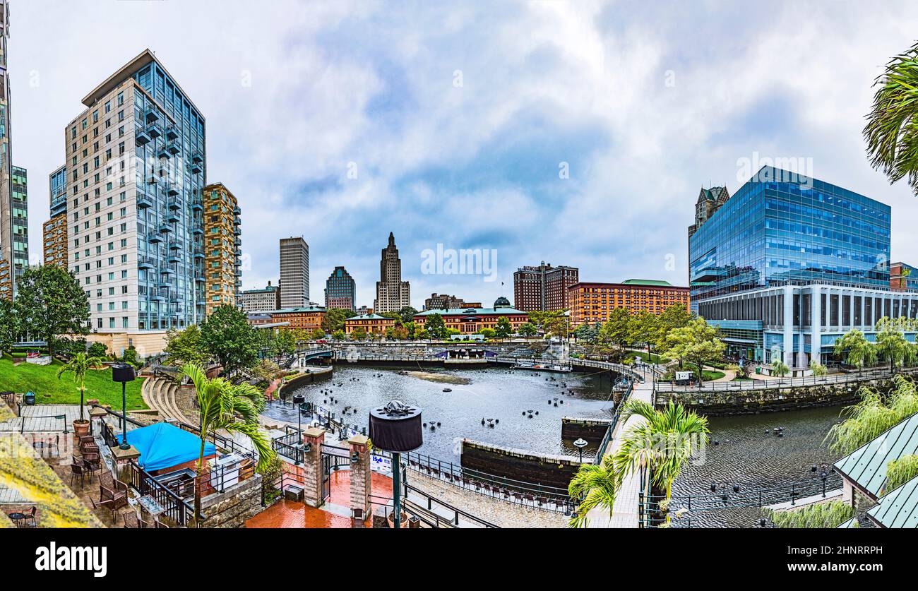 downtown Providence with lake and famous old skyscraper. Stock Photo