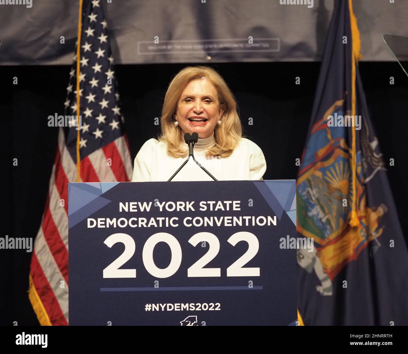 New York, USA. 17th Feb, 2022. Sen. Kirsten Gillibrand, D-N.Y., speaks during the 2022 New York State Democratic Convention at the Sheraton New York Times Square Hotel on February 17, 2022 in New York City. Former Secretary of State Hillary Clinton gave the keynote address during the second day of the NYS Democratic Convention where the party organized the party's platform and nominated candidates for statewide offices that will be on the ballot this year including the nomination of Gov. Kathy Hochul and her Lt. Gov. Brian Benjamin (Credit Image: © Debra L. Rothenberg/ZUMA Press W Stock Photo