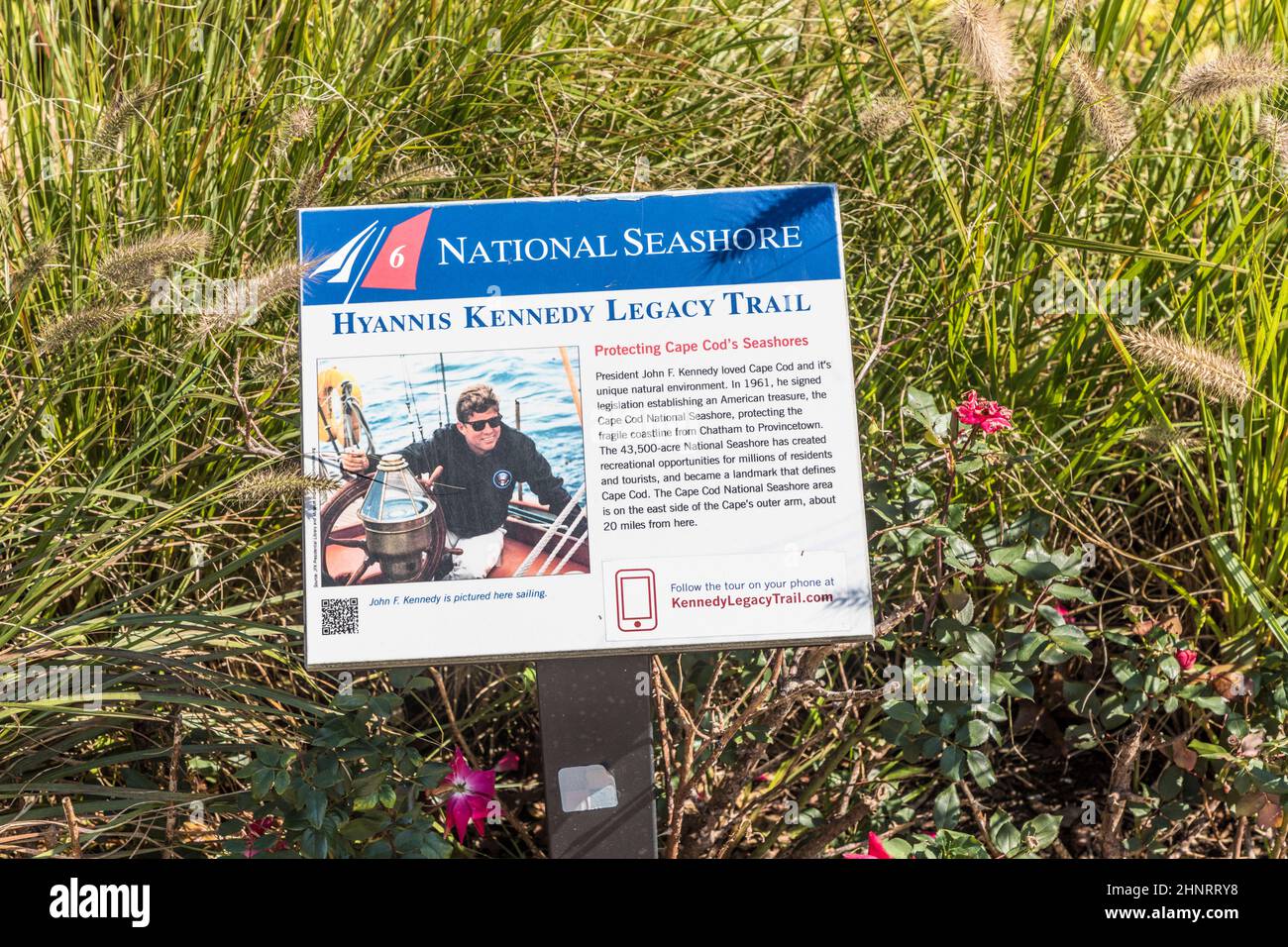 sign for Hyannis Kennedy legacy trail in Barnstable, USA.  In 1961 kennedy signed the Cap Cod national seashore act Stock Photo