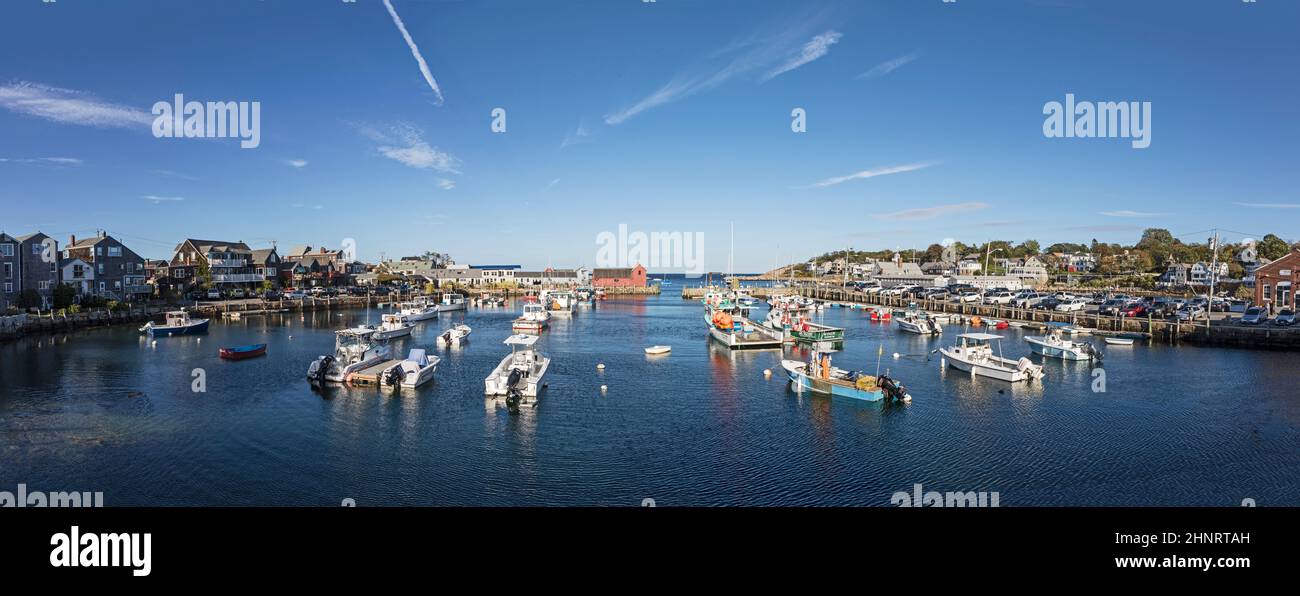 harbor in Rockport under blue sky Stock Photo