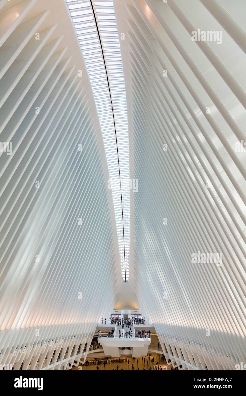 Oculus interior of the white World Trade Center station with people in New York Stock Photo