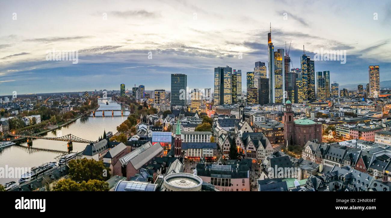 aerial of Frankfurt  in the evening Stock Photo