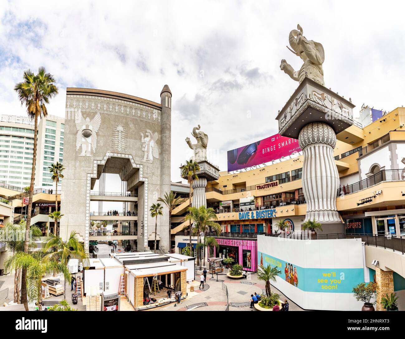 Hollywood and Highland Complex with shops and restaurants and famous elephants Stock Photo