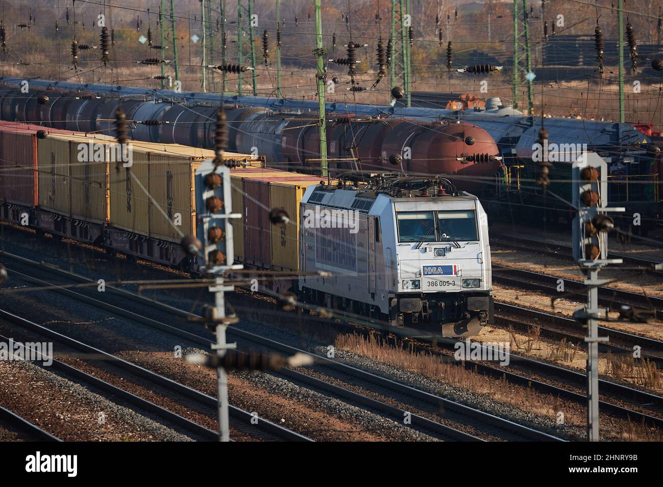 Freight train cargo hub railway tracks Stock Photo