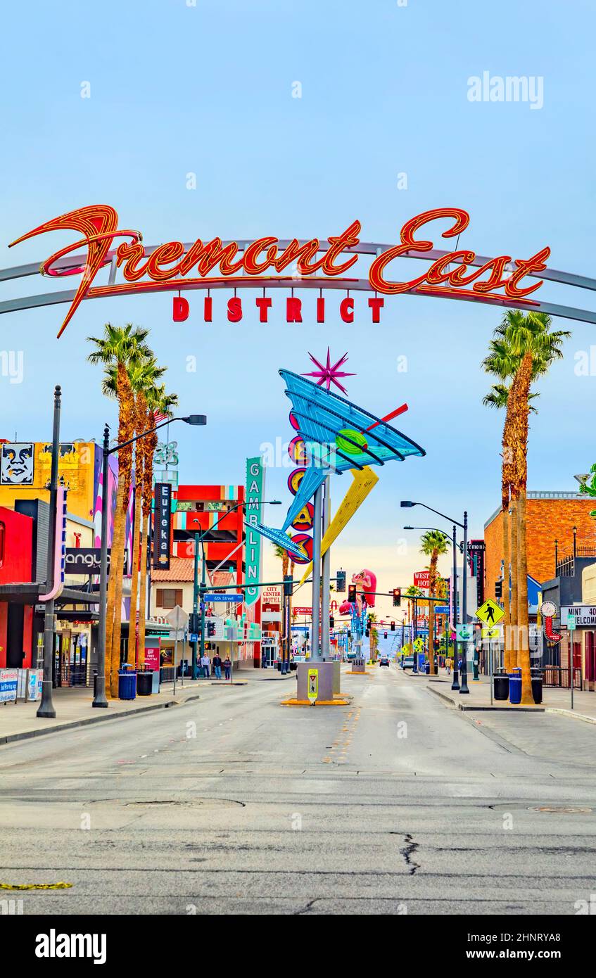 entrance of fremont east with lots of old historic neon signs at the original old part  in Las Vegas Stock Photo