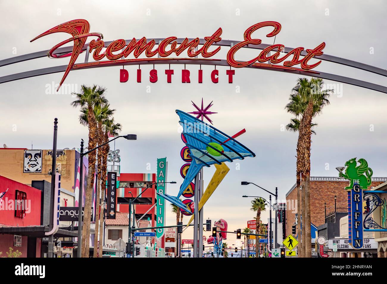 entrance of fremont east with lots of old historic neon signs at the original old part  in Las Vegas Stock Photo