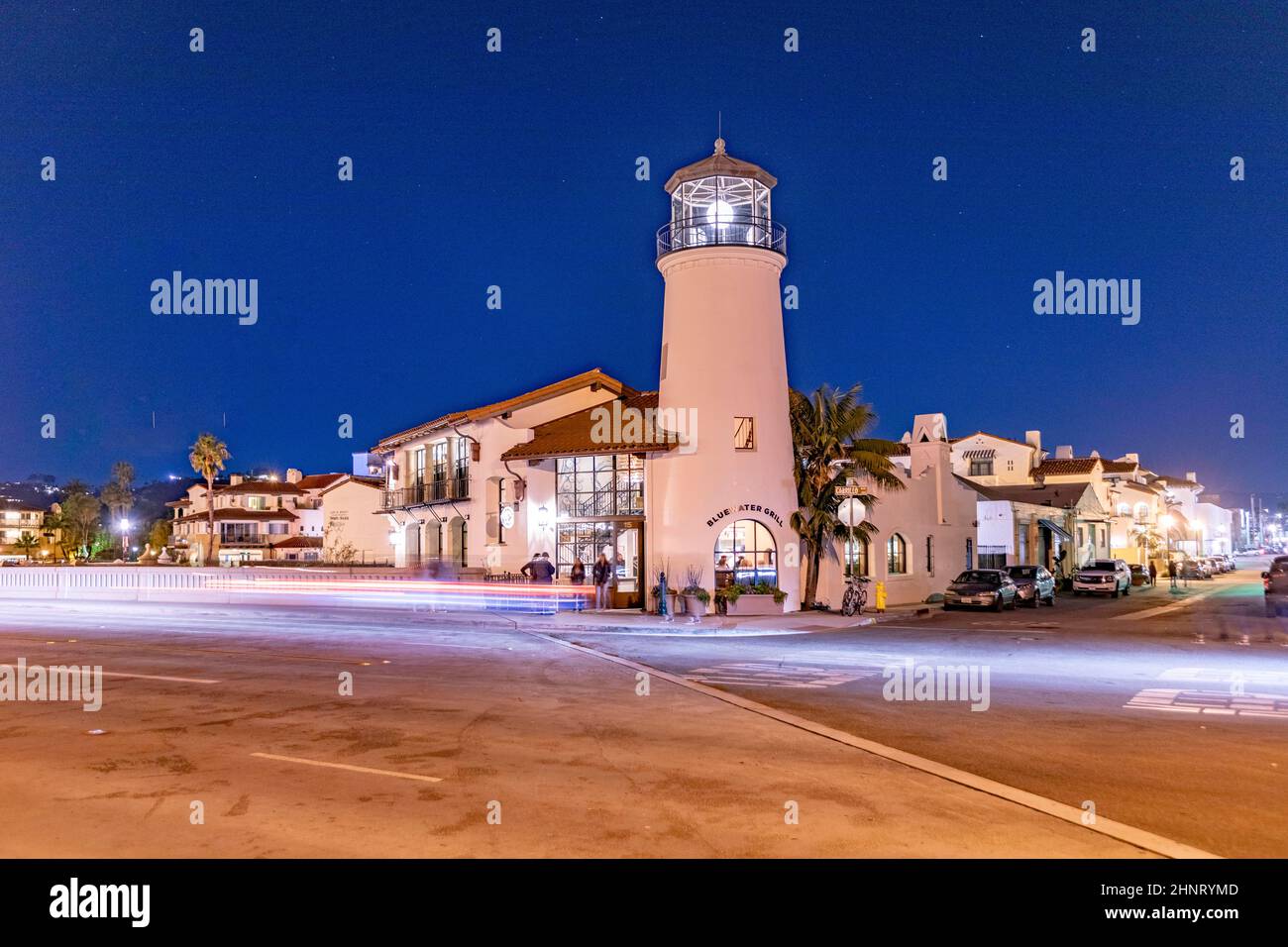 nightview of rebuilt lighthouse in Santa Barbara serves as Restaurant and bar. Stock Photo