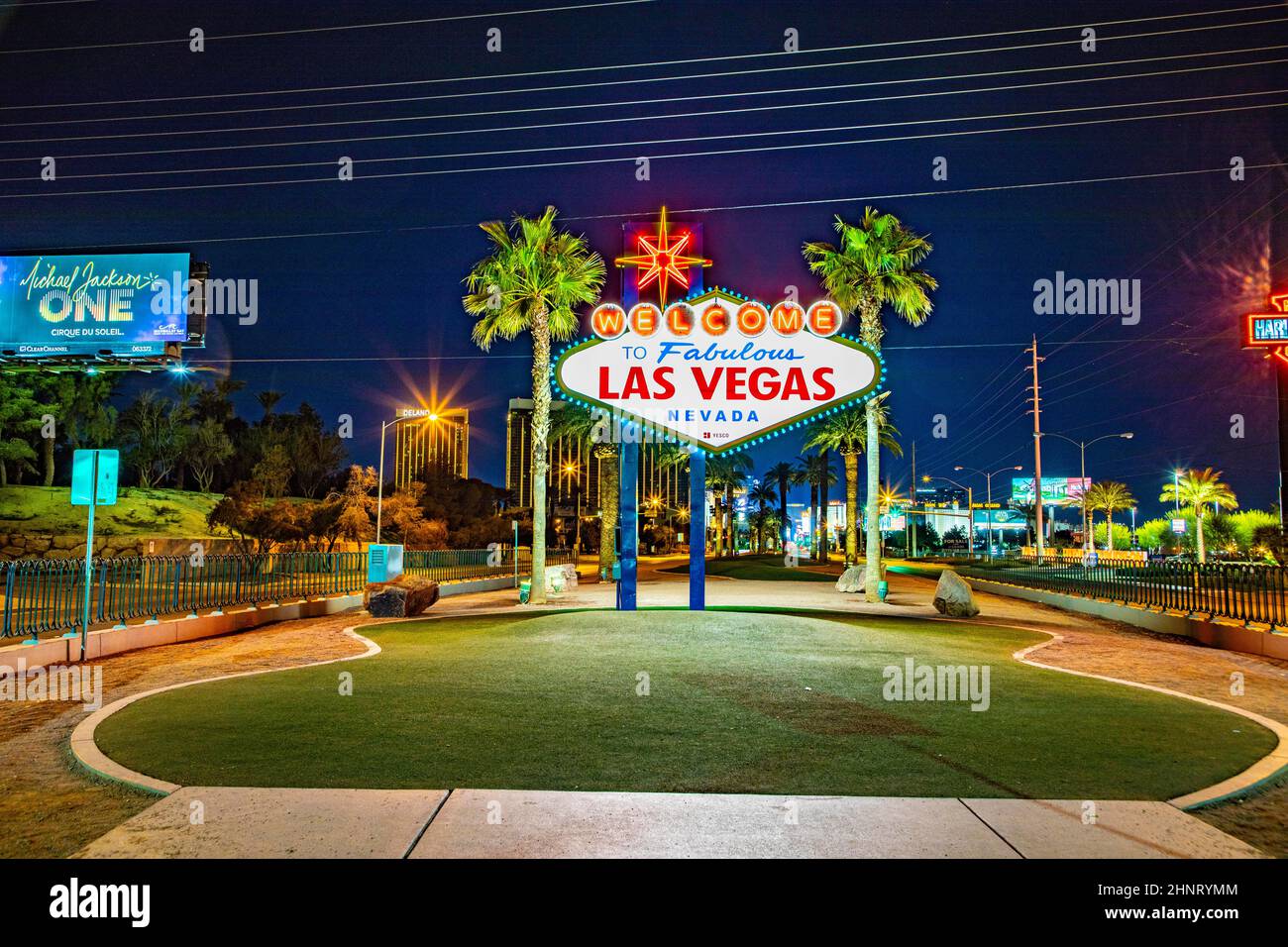 amous Las Vegas sign at city entrance, detail by night Stock Photo