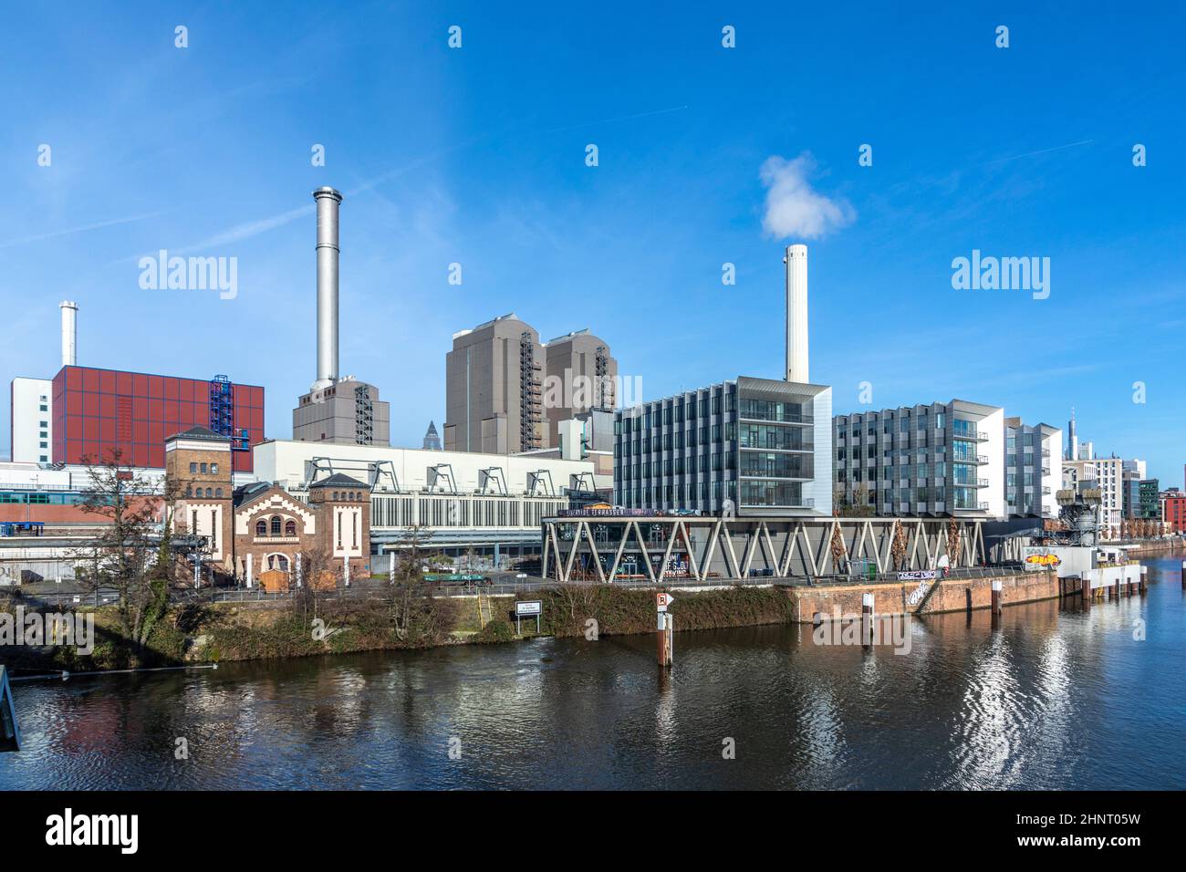 view to coal fired power plant at west harbor area in Frankfurt, Germany Stock Photo