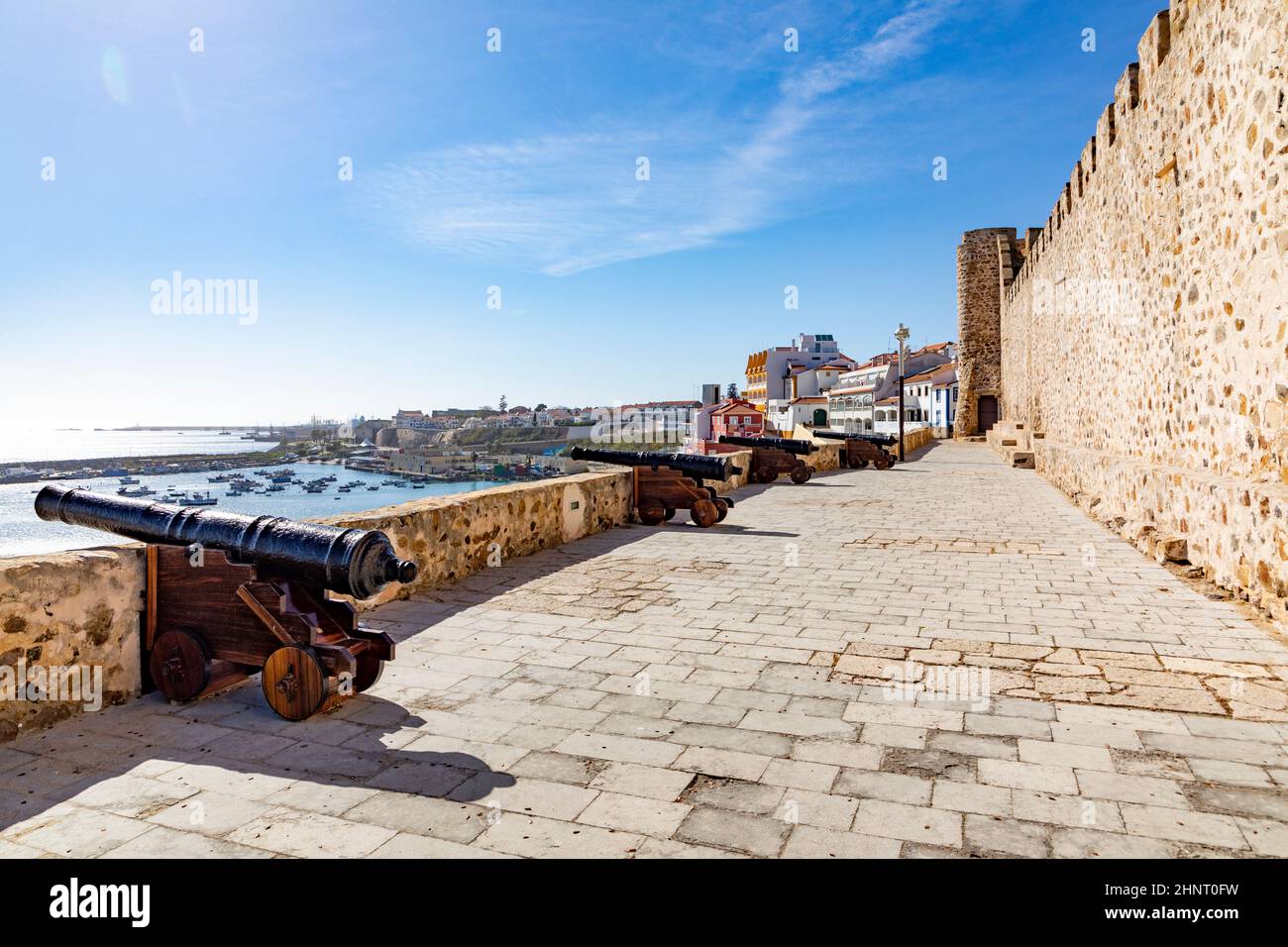old scenic fort wall with canons to defend the castle in Sines Stock Photo