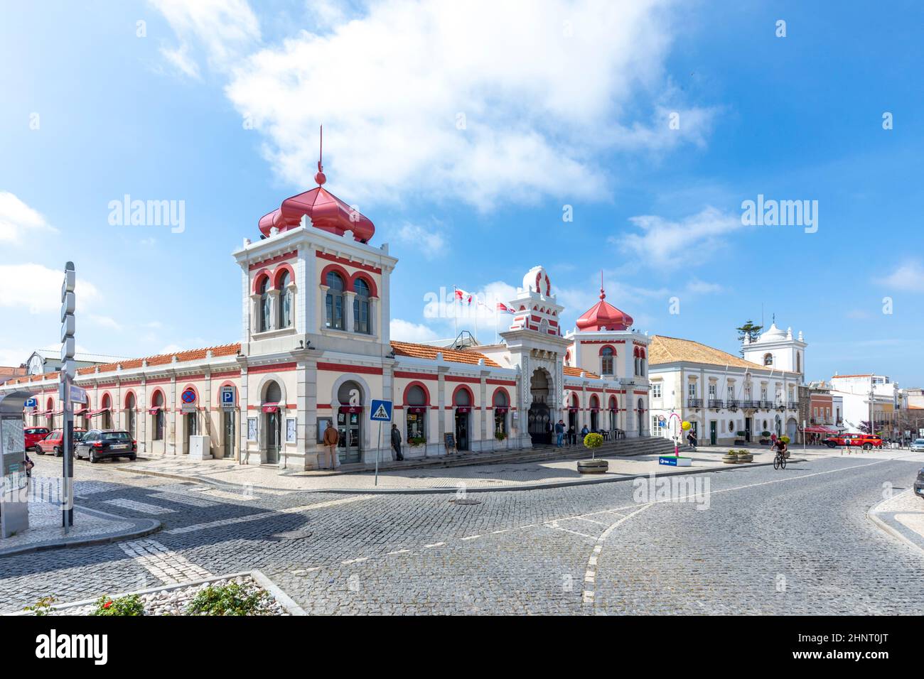 Moorish architectural facade of the traditional market consisting of family run stalls selling local grown or sourced produce which include fish, fabrics and gifts Stock Photo