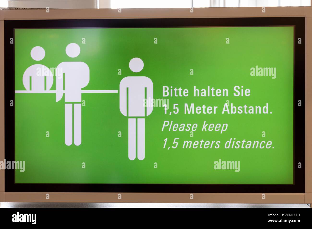 signage keep distance at Frankfurt airport   because Corona close down Stock Photo