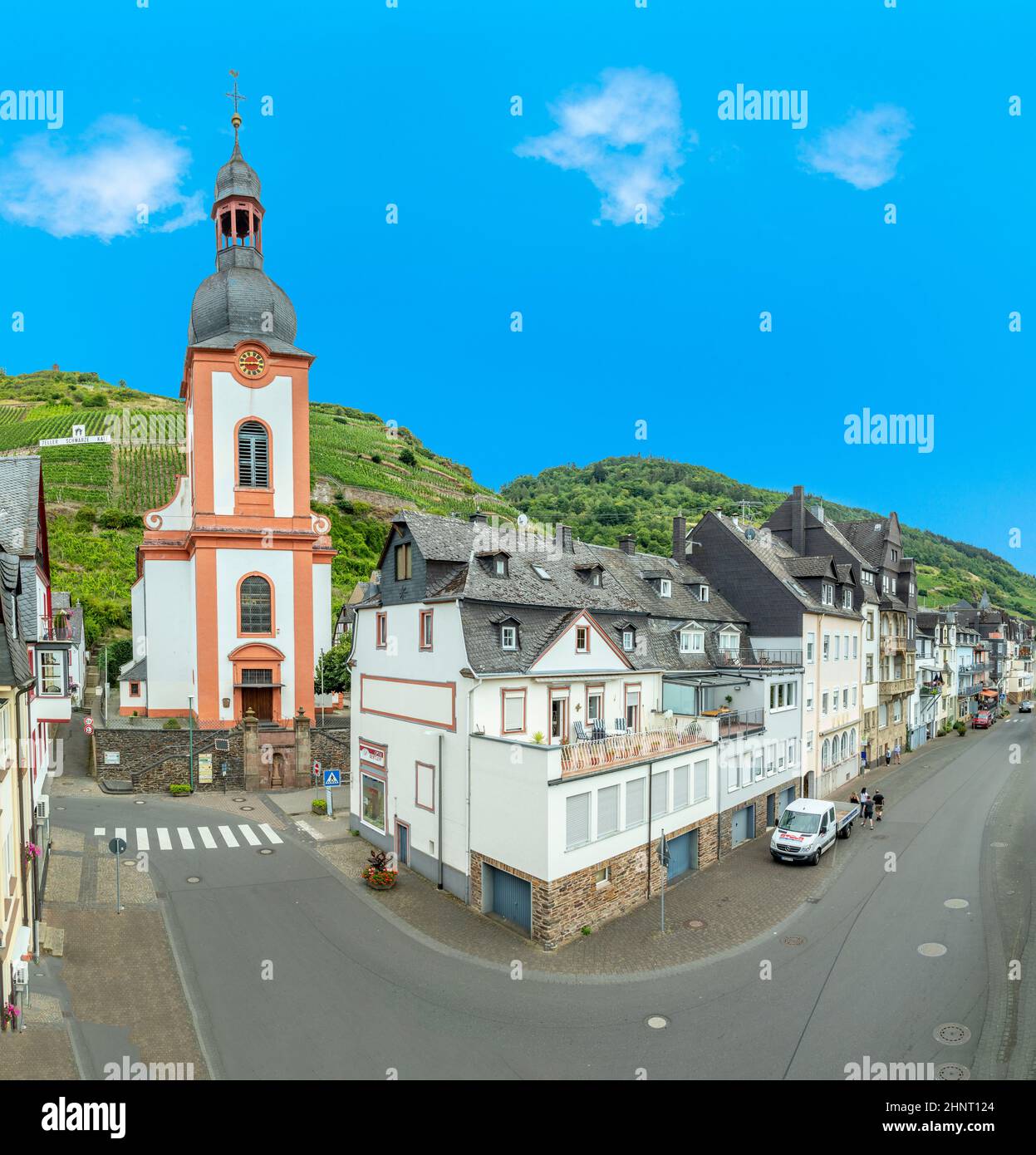 panoramic view to village of Zell at the Moselle valley in Germany Stock Photo
