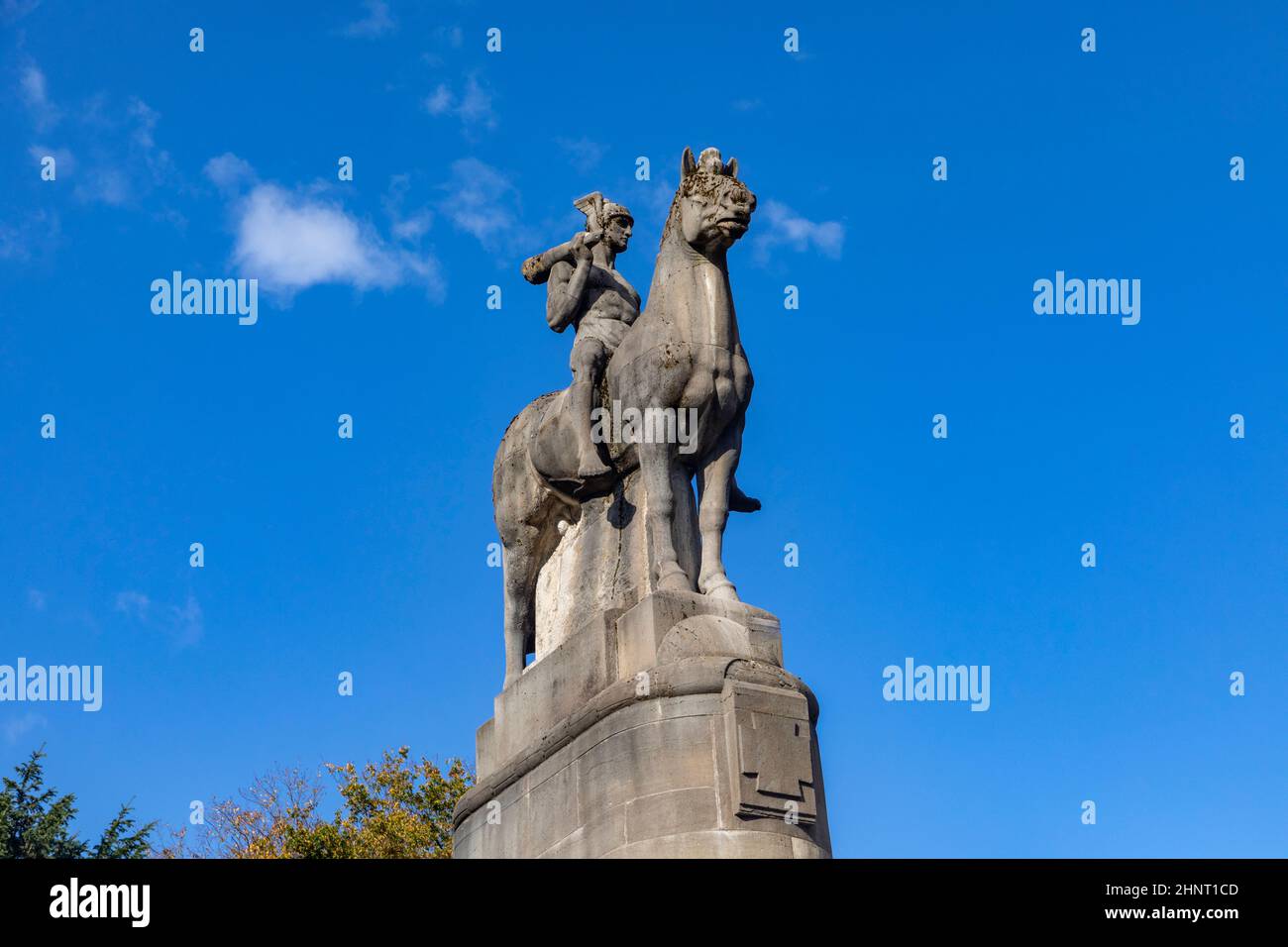 he monument from 1909 was formed by the sculptor Franz Pritel and should remind of the won battles from the German French war with Wörth and Weißenburg, Sedan and Paris Stock Photo