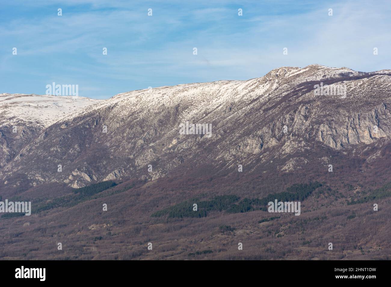 Landscape view of Suva Planina in Serbia on a winter day. The top of mountain is covered with snow Stock Photo