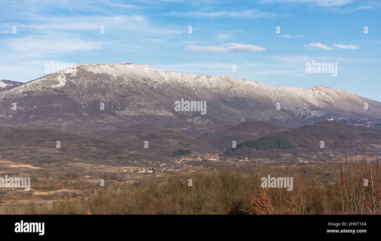 Snowy top mountain range. Image of a beautiful winter landscape in south of Serbia. Suva planina Mt Stock Photo